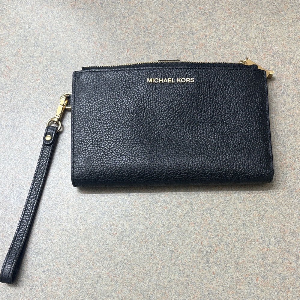 Michael Kors Black Leather Wristlet with Gold Accents